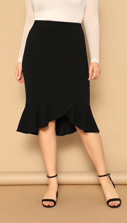 Black Ruffled Hem Plus Size Midi Skirt