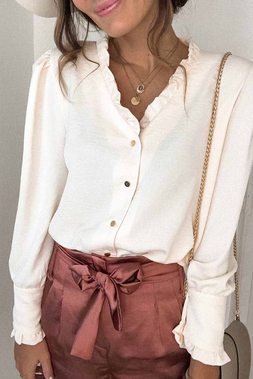 Off White Ruffled V Neckline Button front Work to Evening Blouse