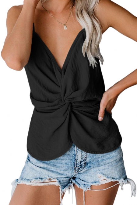 Twist Front Deep V- Neck Top-Black
